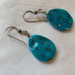 Genuine Turquoise Polished Sterling Silver Hook Tear Drop Earrings Vintage